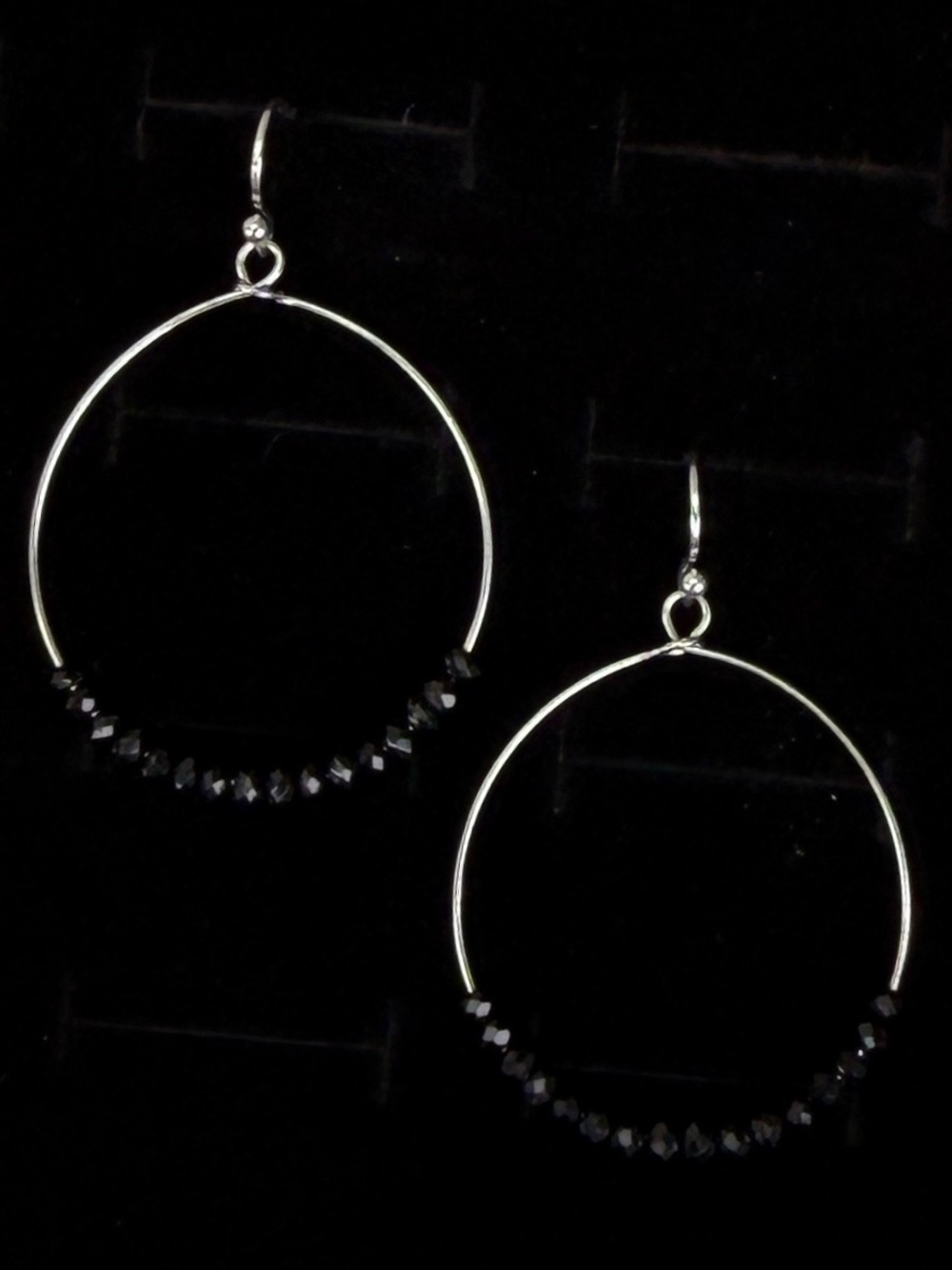 Silvertone wire wrapped black beaded lightweight pierced earrings